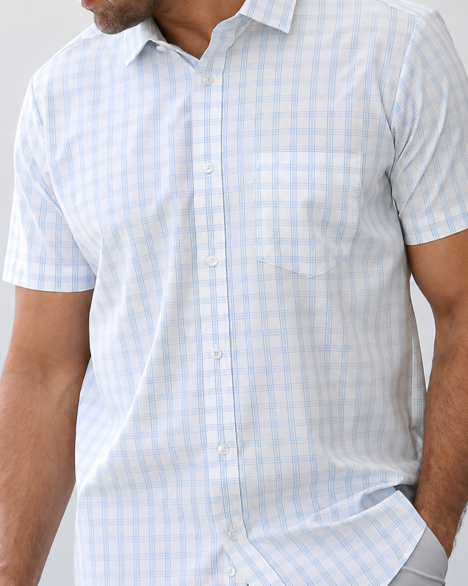 Phenom Classic Light Blue Tartan Short Sleeve Dress Shirt - Blue