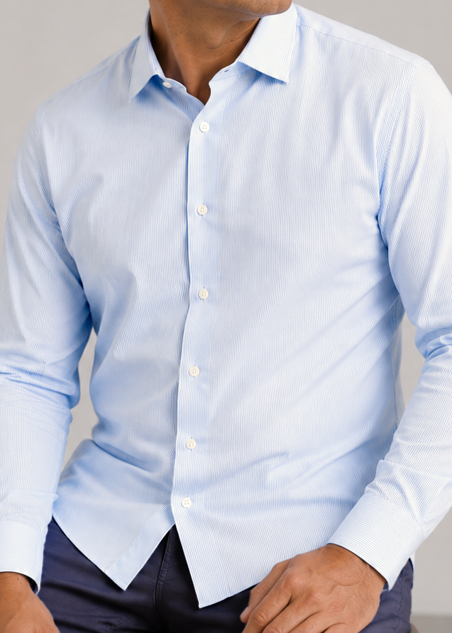 Phenom Professional Light Blue Striped Long Sleeve Men's Dress Shirt - Blue